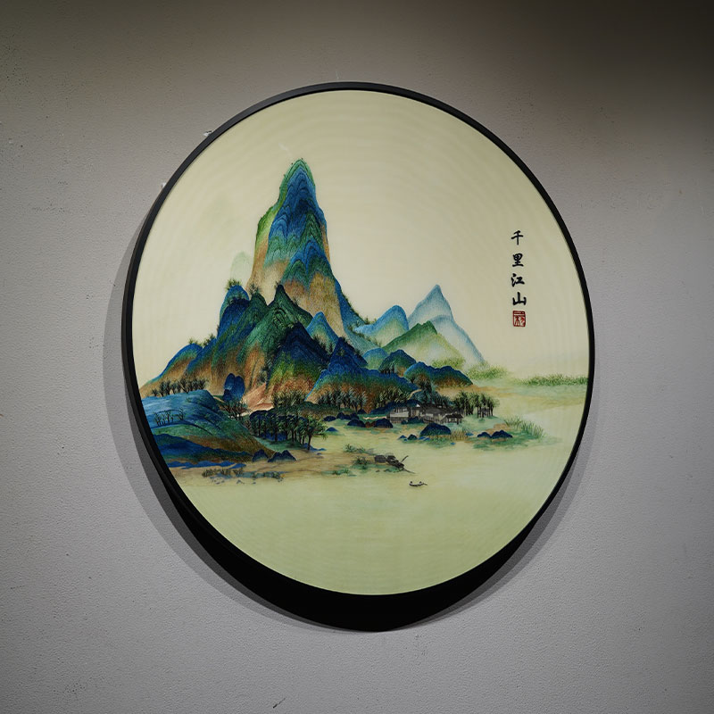 新中式千里江山中国风传统苏绣刺绣艺术客厅玄关圆形带框挂画成品