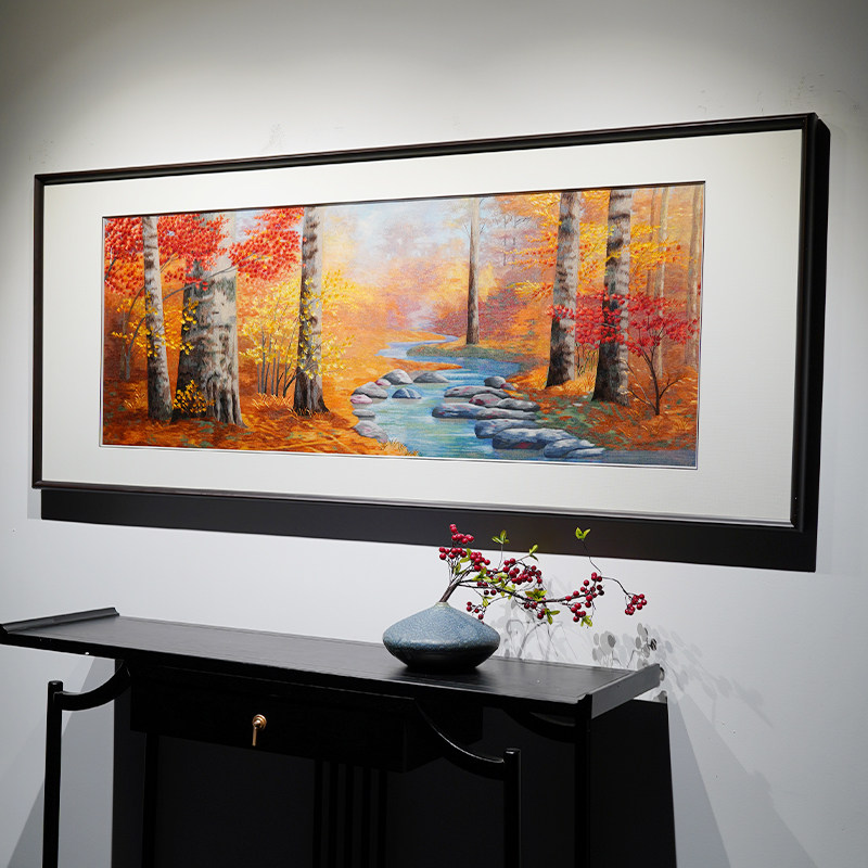 现代中式客厅沙发背景卧室横版大幅纯手工刺绣画苏绣秋色风景挂画