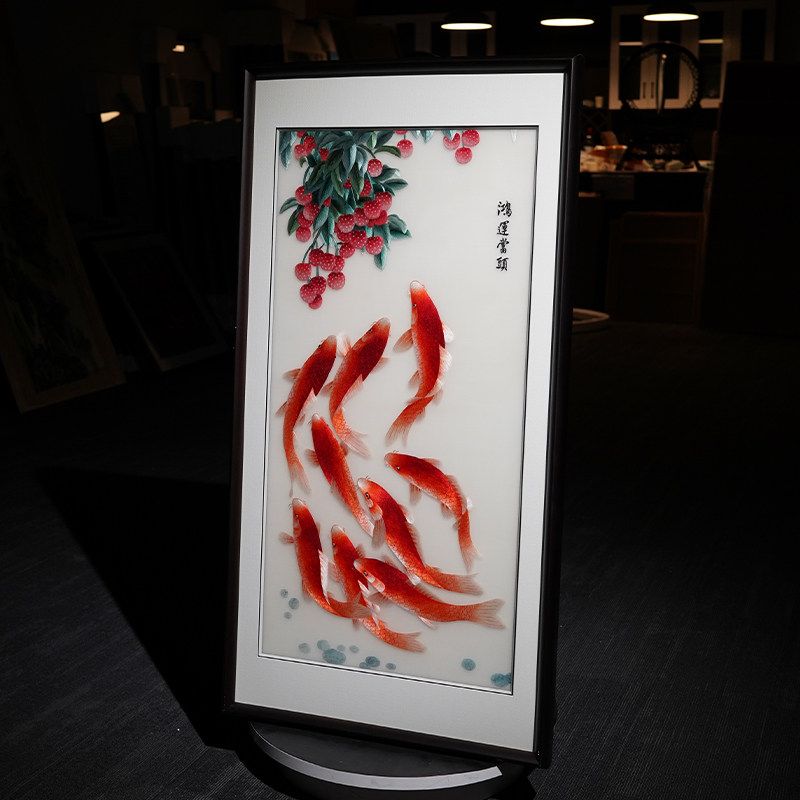 新中式入户玄关客厅纯手工刺绣画鸿运当头锦鲤荔枝苏绣成品装饰画