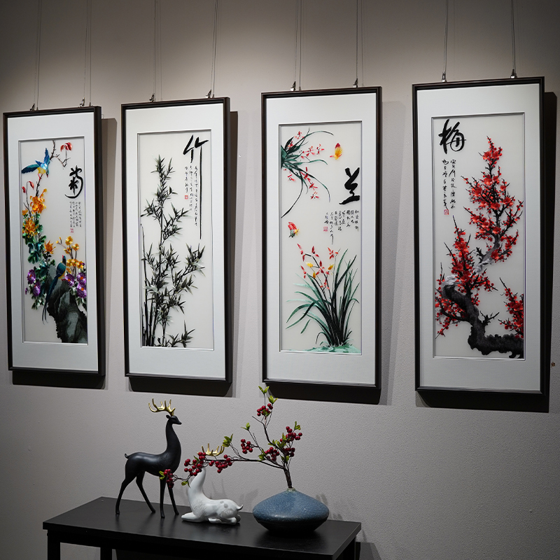 客厅沙发背景墙新中式梅兰竹菊纯手工刺绣画四条屏苏绣挂画装饰画图片