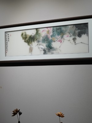 新中式风格横版秋池藕香纯手工刺绣挂画沙发背景墙客厅装饰画带框