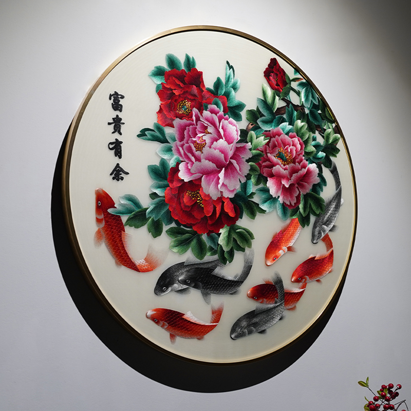 手工苏绣富贵有余圆形装饰画玄关书房客厅过道新中式刺绣成品挂画图片
