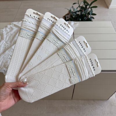 songmu白色袜子女夏薄款竖条中筒袜无骨网眼透气堆堆袜棉袜子