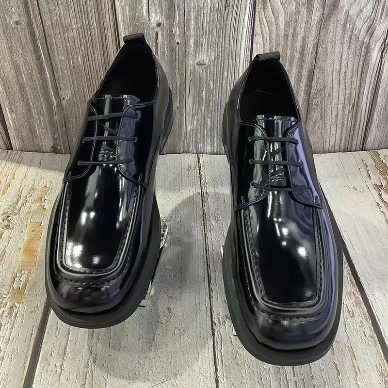 小众个性方头系带小皮鞋 开边珠牛皮商务正装鞋4cm厚底真皮男潮鞋