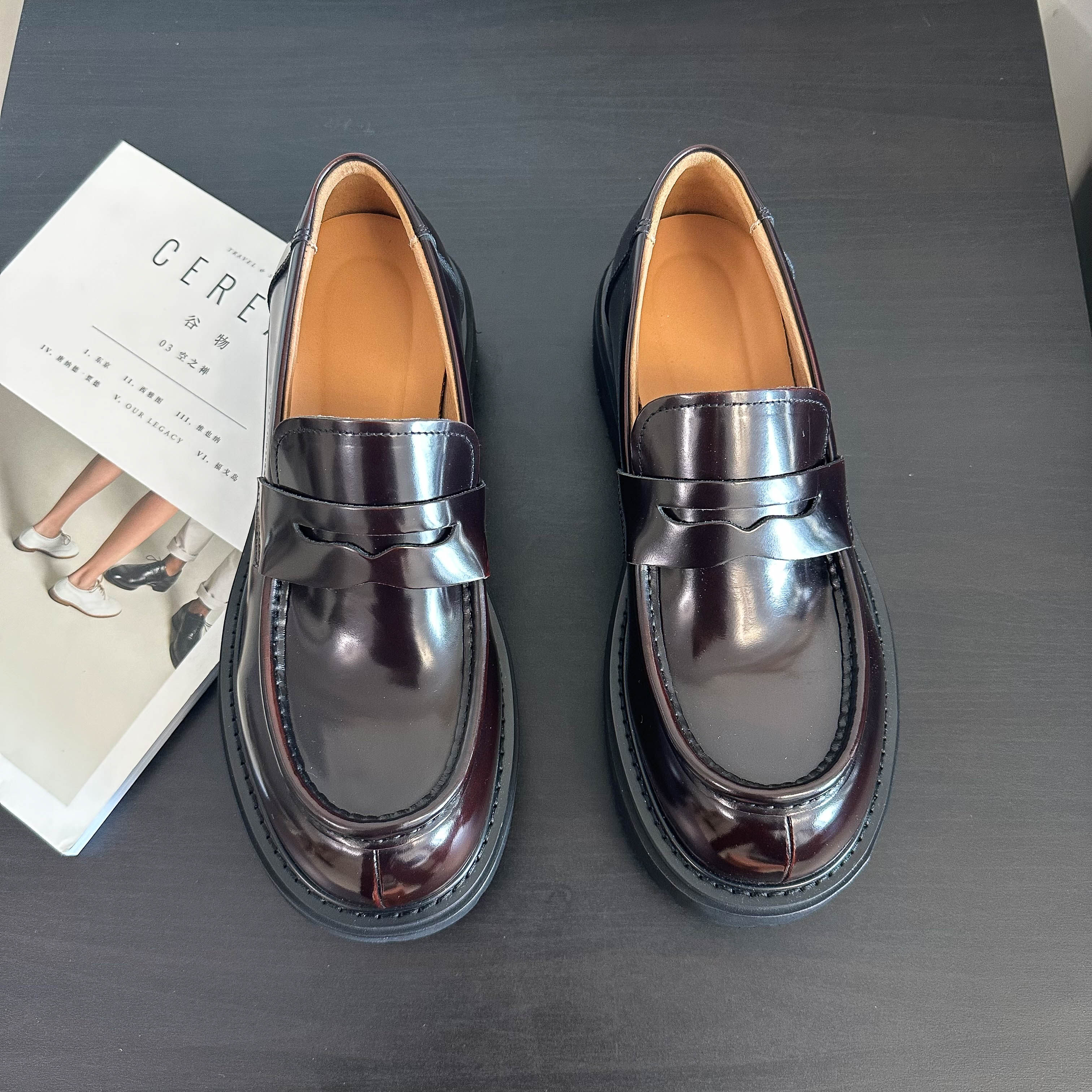 复古真皮乐福鞋老钱风英伦大头微翘增高厚底鞋一脚蹬通勤男懒人鞋