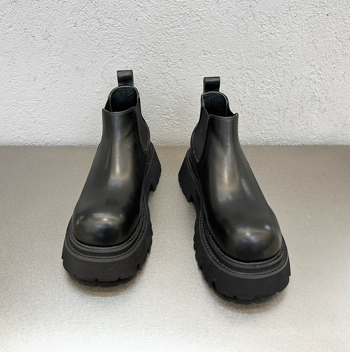 秋新品软牛皮切西尔靴厚底松糕6cm男套筒短靴大头高帮鞋休闲皮靴