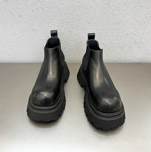 秋新品软牛皮切西尔靴厚底松糕6cm男套筒短靴大头高帮鞋休闲皮靴