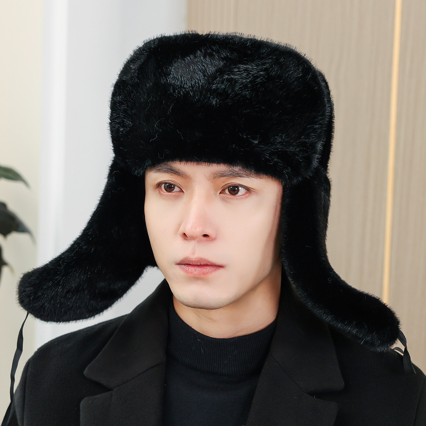 仿貂皮帽子男中老年水貂冬季护耳棉帽防寒保暖貂毛皮草东北雷锋帽