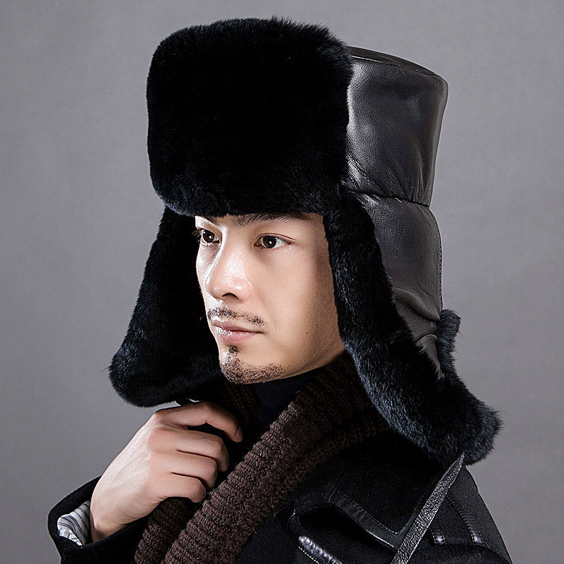 真皮獭兔雷锋帽男士冬季中老年东北户外保暖护耳爸爸爷爷皮草帽子