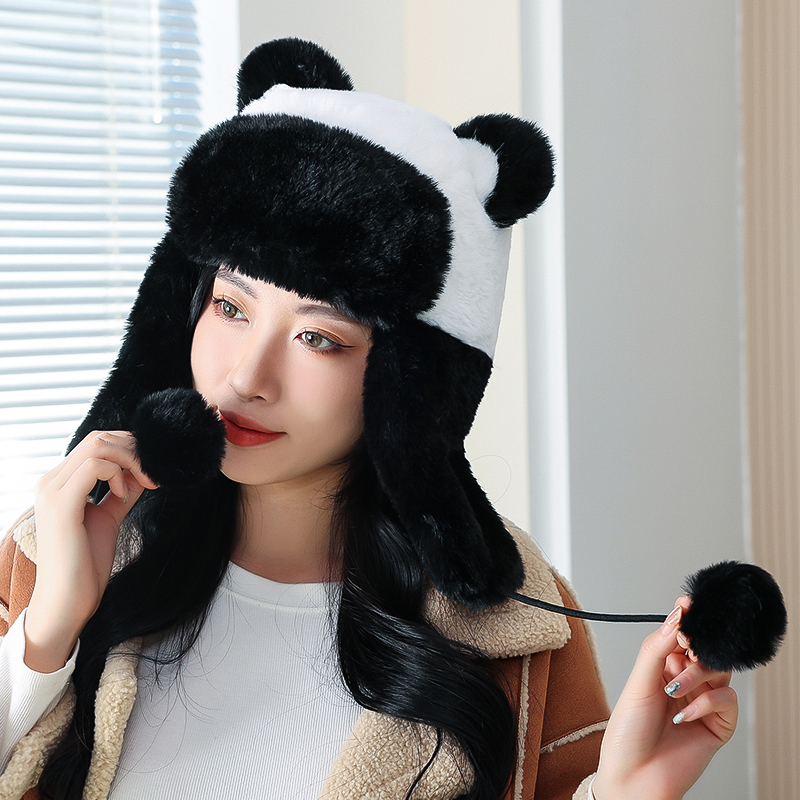 帽子女冬季加厚可爱毛绒黑白小熊猫雷锋帽加绒户外护耳保暖滑雪帽