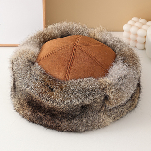 中古兔毛皮草帽子女冬高级感保暖加棉弹力麂皮帽毛茸茸护耳包头帽