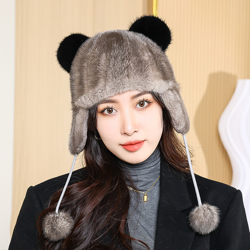 新款水貂皮帽子女冬季保暖少年儿童可爱猫耳朵护耳真水貂毛皮草帽