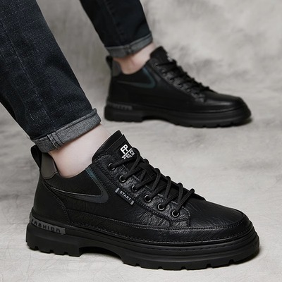 男鞋2024新款加绒潮流英伦内增高休闲 皮鞋男真皮百搭厚底黑色板