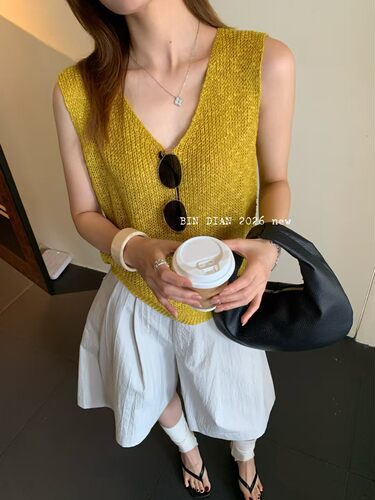 bindian缤典韩系简约百搭V领无袖针织背心女夏季新款显瘦打底衫潮