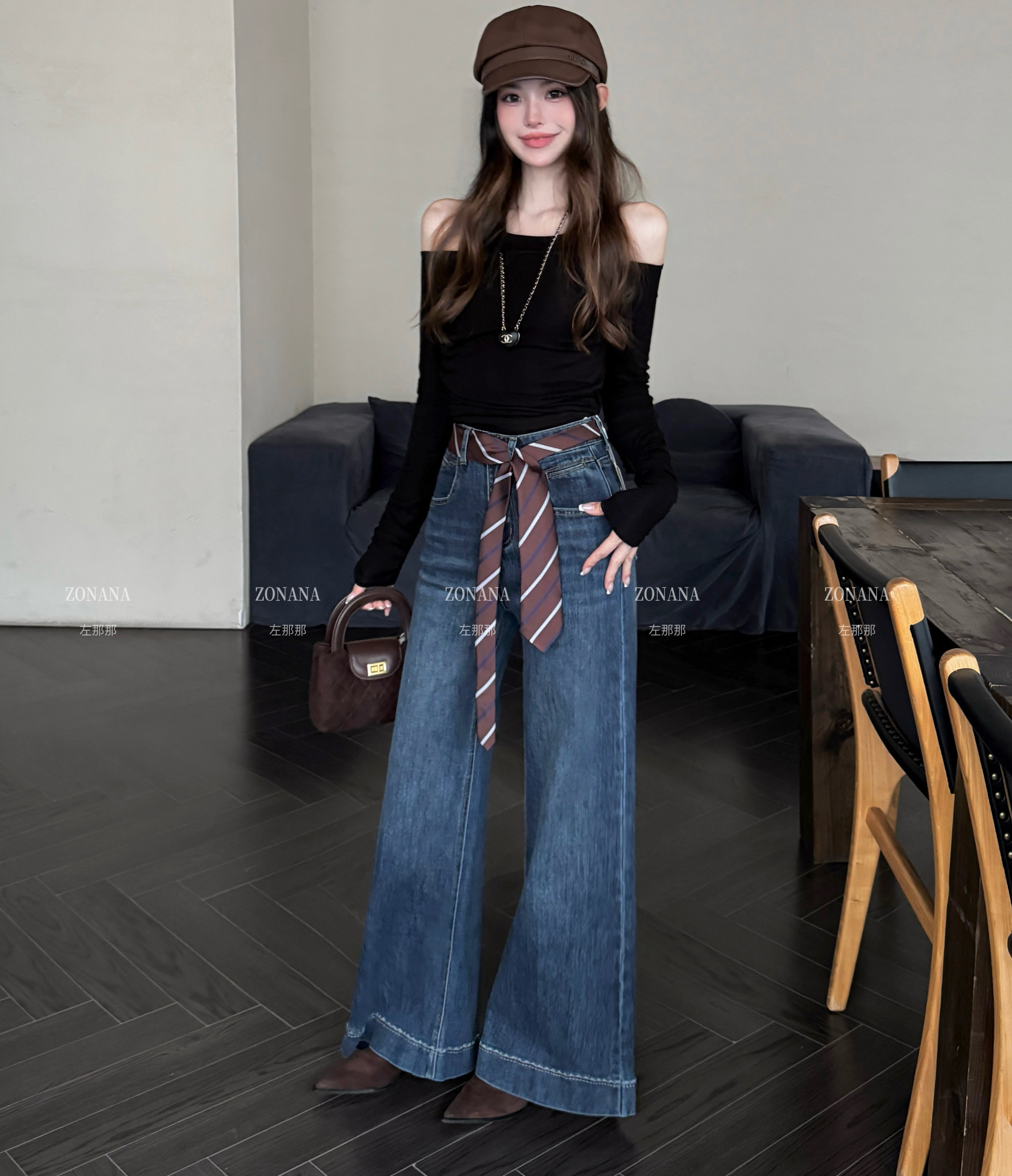 ZONANA左那那韩版高腰设计感配丝巾微喇叭牛仔裤女秋季阔腿拖地裤