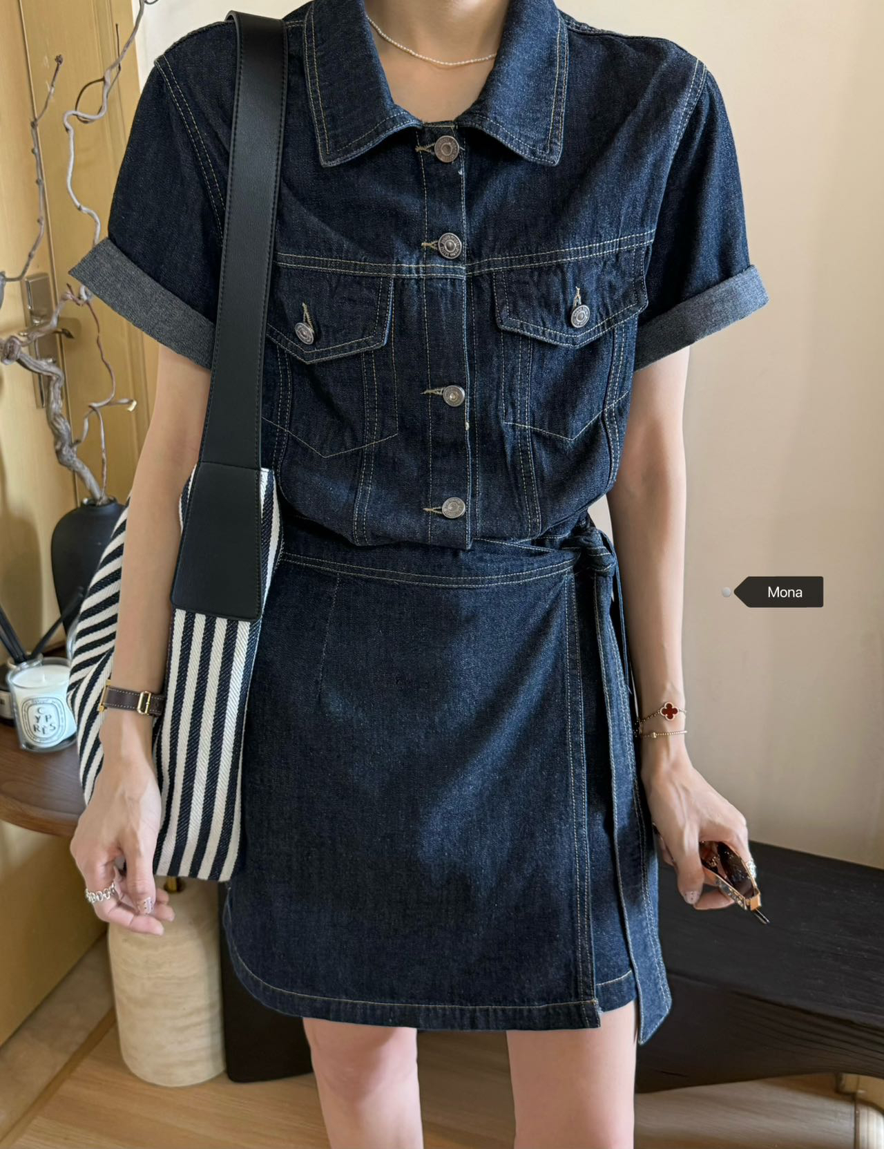 MONA韩系欧货短袖牛仔连衣裙女夏季2025新款百搭显瘦设计感连衣裙