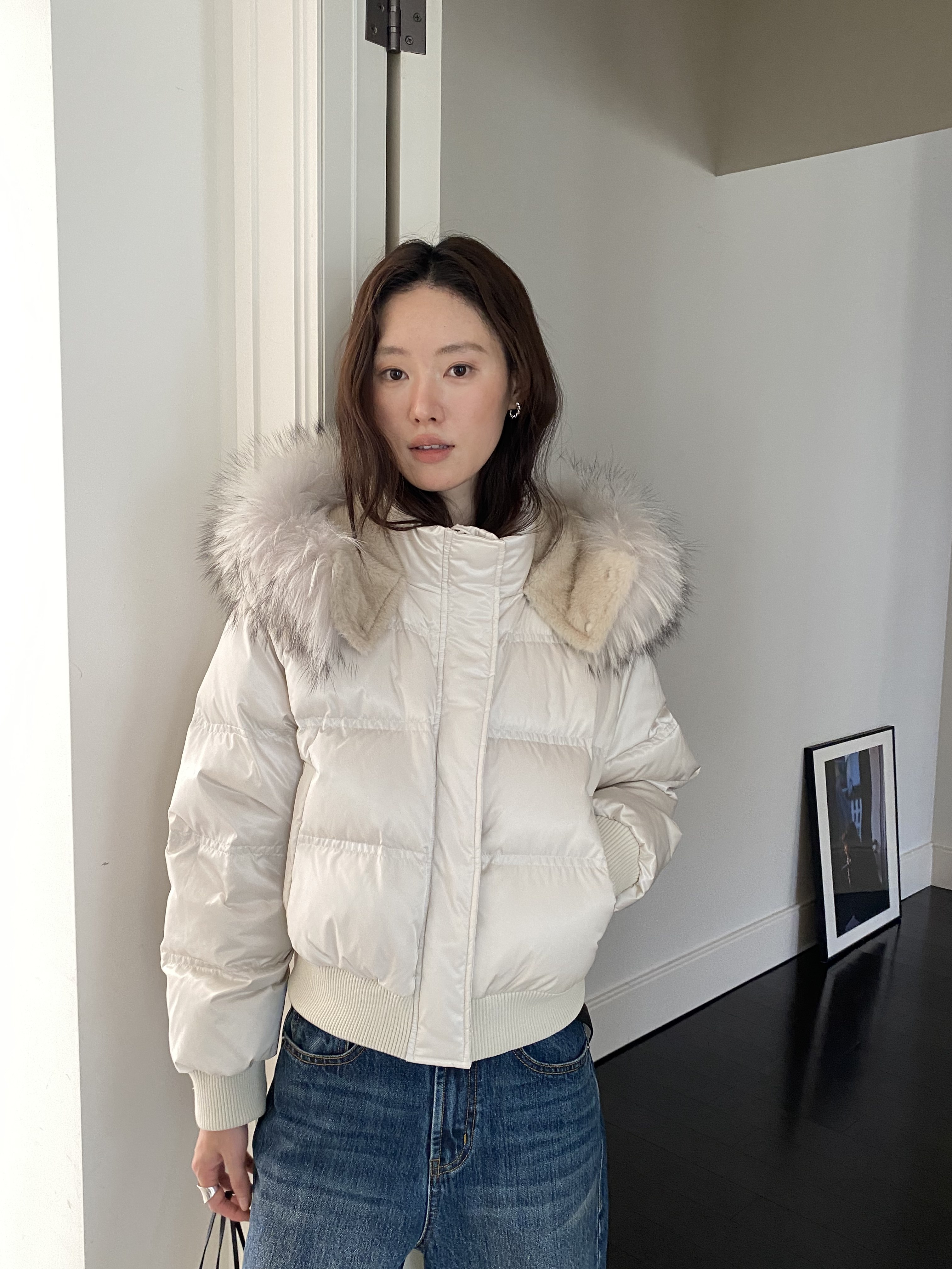 SOUL素予韩系时尚貉子毛连帽珠光短款羽绒服女冬季新款保暖外套潮