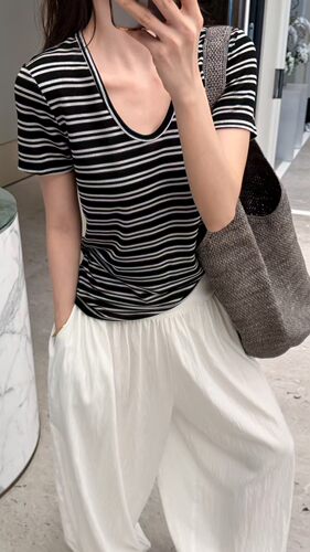 摩登mdeng韩系醋酸U领条纹短袖T恤女夏季新款百搭显瘦打底衫3918