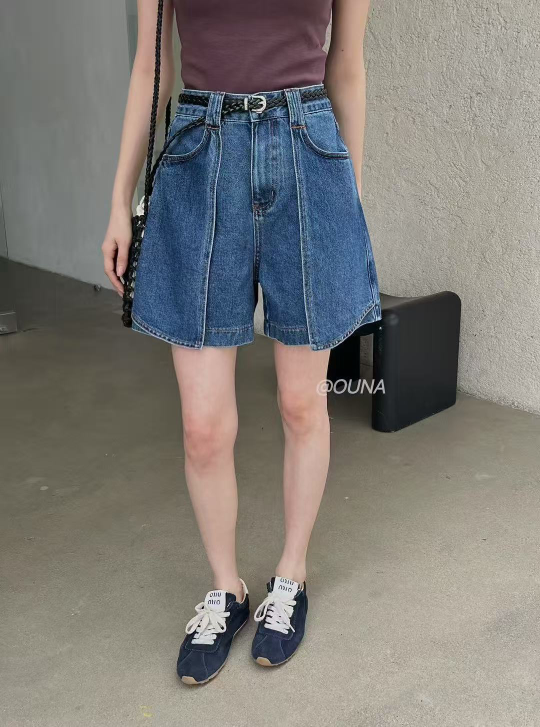 欧娜OUNA5506韩系设计感小众高腰阔腿牛仔短裤女夏季洋气A字热裤
