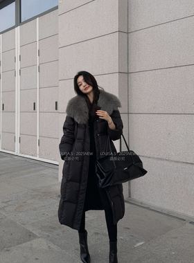 LOUISA.S狐狸毛领长款收腰90白鸭绒羽绒服女冬季韩系高级感外套潮