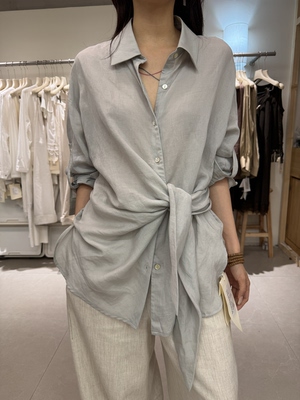 ONEBYTOW韩系设计感绑带长袖衬衫女春夏2026新款百搭洋气苎麻衬衣
