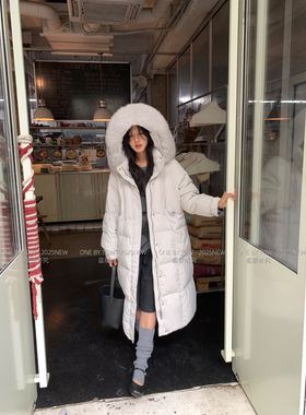 LOUISA.S狐狸毛领连帽长款90白鸭绒羽绒服女冬季保暖宽松外套女潮