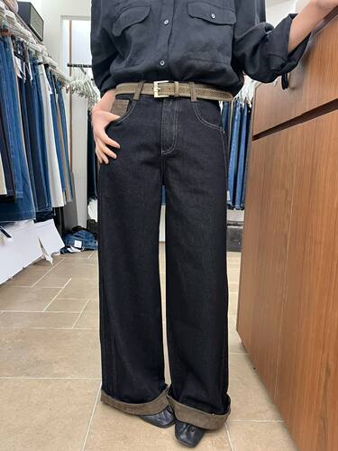 OUNA8252韩系麂皮绒拼接卷边阔腿牛仔裤女秋冬新款百搭显瘦拖地裤