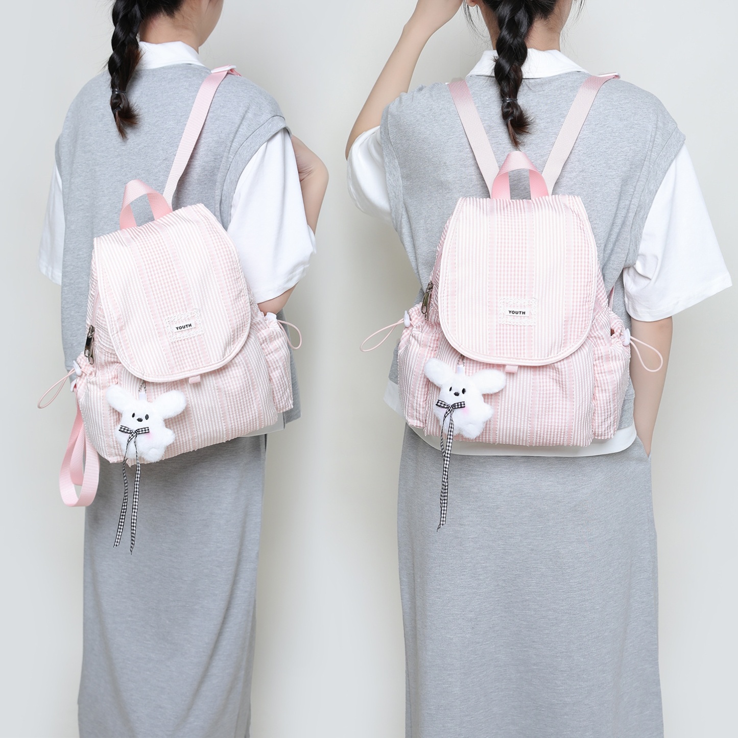 韩系帆布双肩包学生书包ins小众格子学院风休闲小背包女翻盖背包