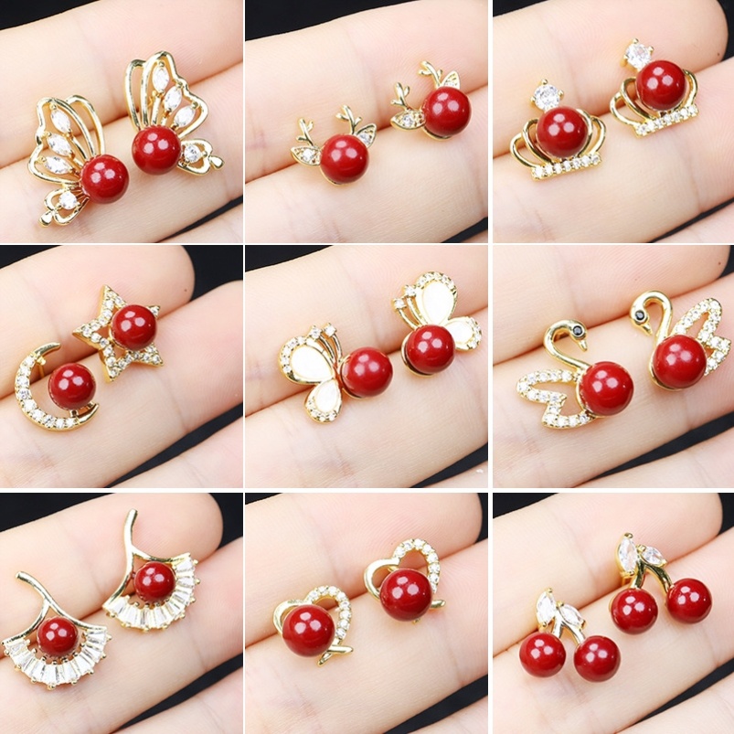 天然高含量紫金沙镶嵌新年耳钉樱桃朱砂天鹅DIY耳坠女闺蜜礼耳饰