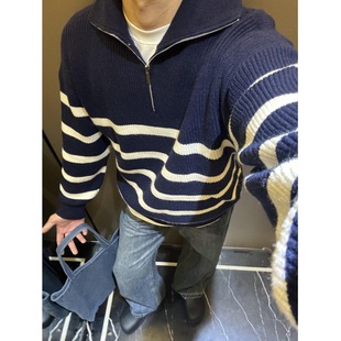 秋冬日系vintage条纹毛衣男女ins慵懒风bf复古情侣套头拉链针织衫