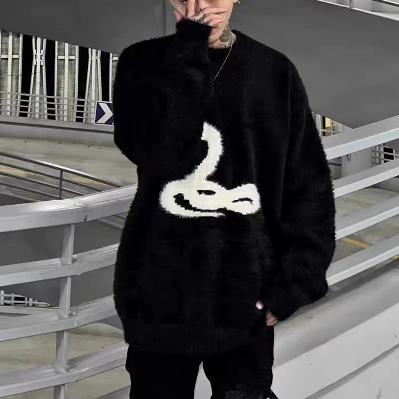 秋冬季网红同款蛇形提花毛衣男韩版仿貂绒个性小众ins情侣针织衫