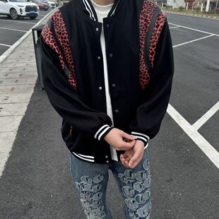 网红潮牌拼接豹纹棒球社会夹克宽松外套潮百搭春秋季上衣男女同款