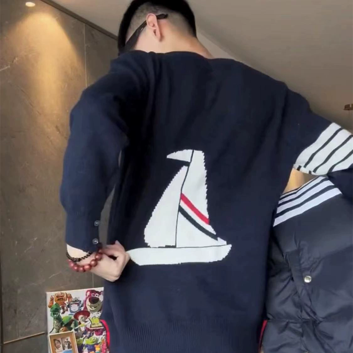 潮牌四条杠帆船针织毛衣外套男士秋冬新款休闲圆领长袖情侣装上衣