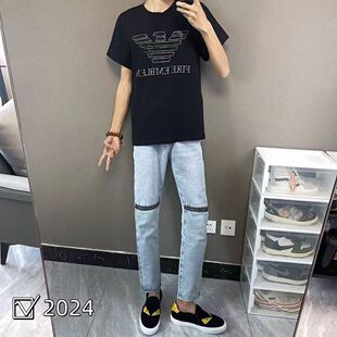 潮牌t恤高端烫钻短袖男夏季2025新款ins重磅纯棉痞帅精神小伙上衣