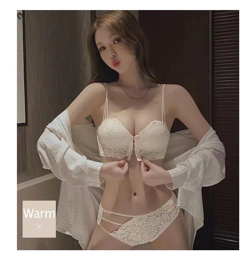 蕾丝性感前扣内衣女小胸聚拢显大薄款细肩带套装白色美背文胸罩