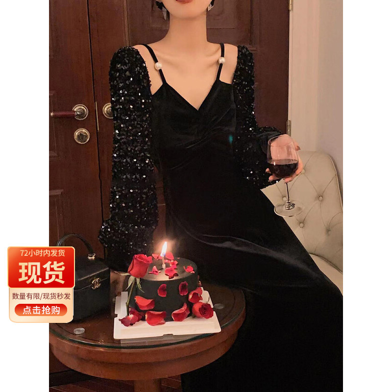黑色丝绒连衣裙宴会晚礼服