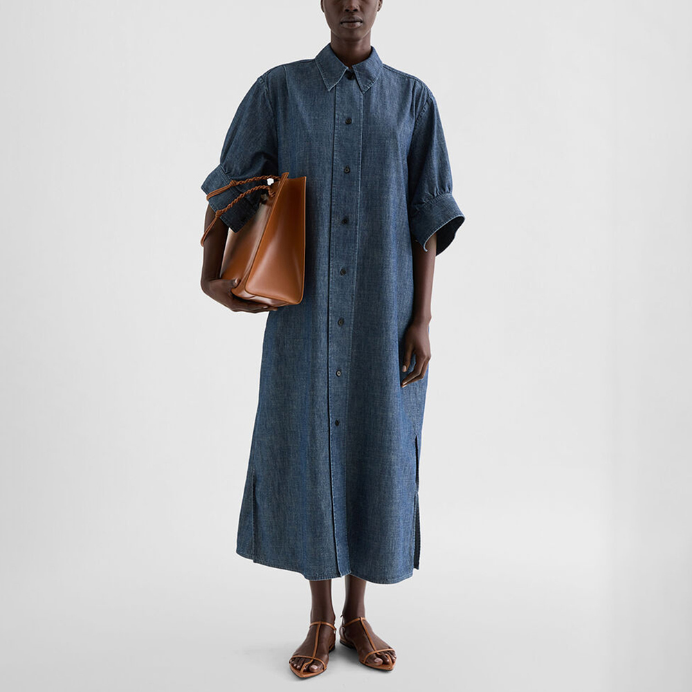 深蓝色翻领泡泡袖牛仔衬衫裙