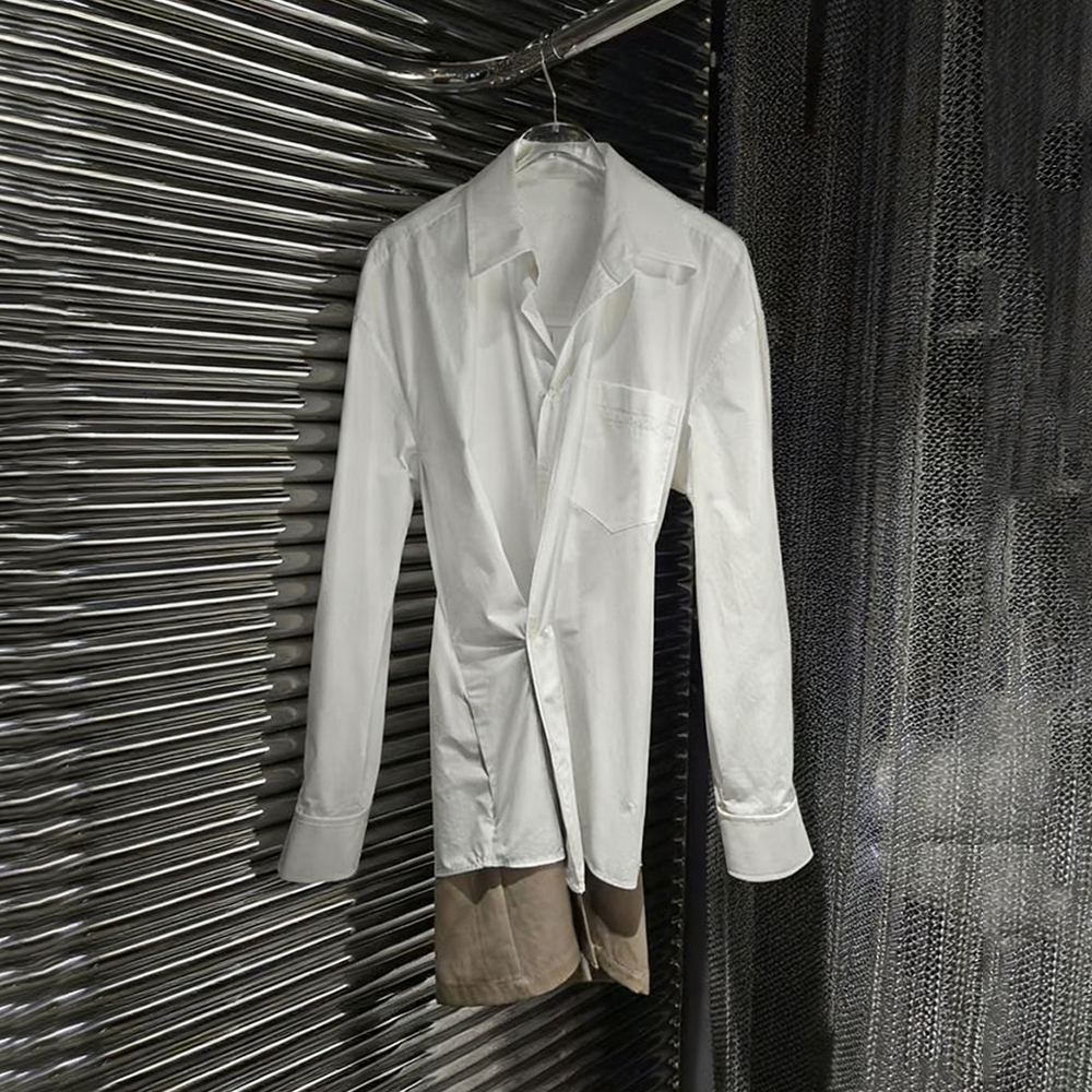 2025秋冬新款小众白色翻领贴袋长袖衬衫裙收腰显瘦不规则连衣裙女