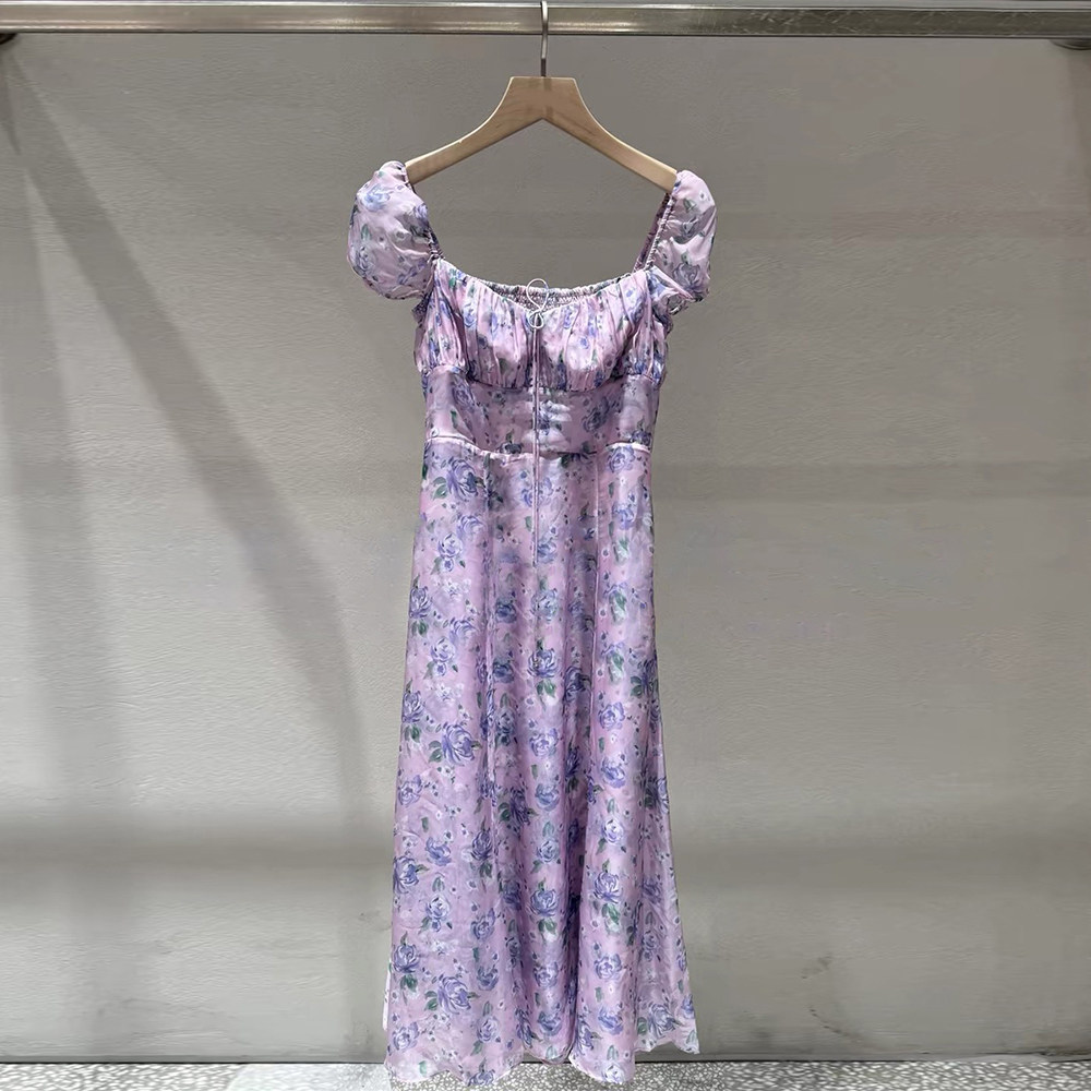 【现货】小众潮牌夏季新款修身收腰碎花裙长裙泡泡袖短袖连衣裙女