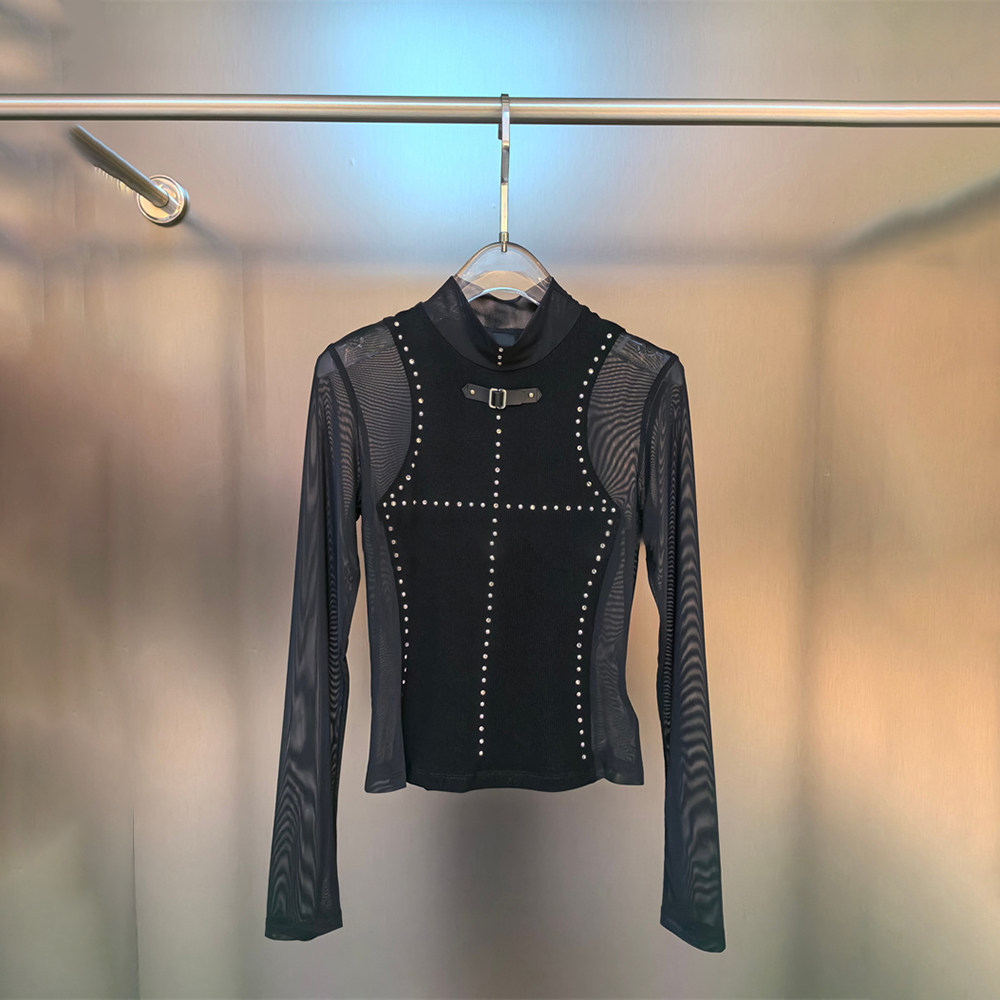 【现货】2025秋新款小众黑色网纱拼接长袖针织T恤修身显瘦上衣女,女装/女士精品,毛针织衫,淘宝优惠券,粉丝福利购,淘宝优惠卷