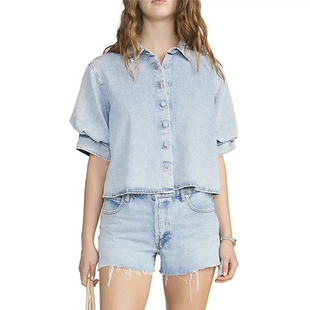 休闲风泡泡袖牛仔衬衫女短袖修身显瘦浅蓝色夏季上衣