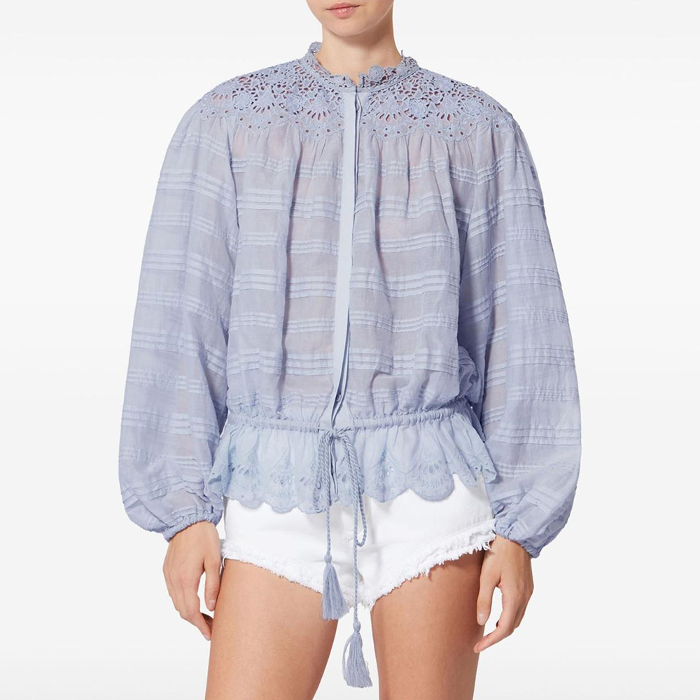 纯色圆领蕾丝镂空长袖衬衫女