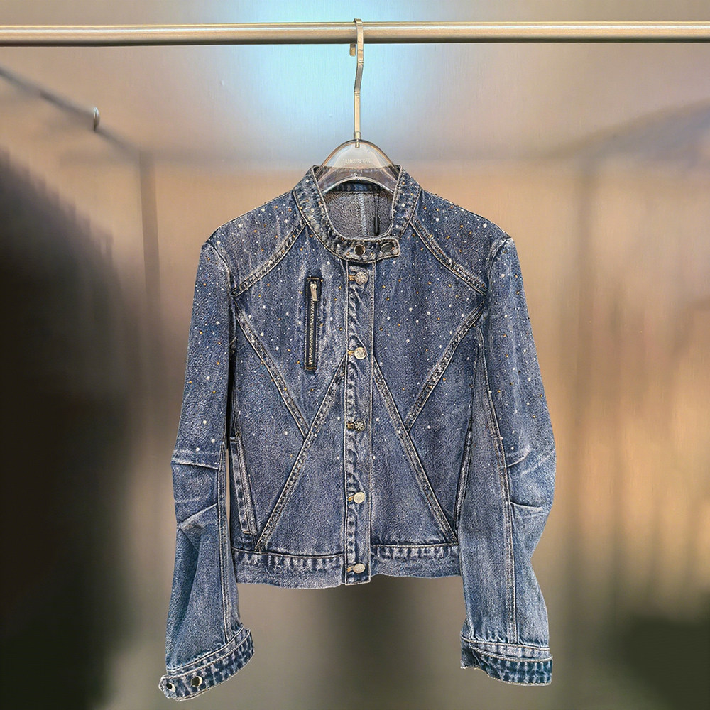 【现货】2025秋季新款立领重工烫钻机车感牛仔外套短款修身夹克女,女装/女士精品,短外套,淘宝优惠券,粉丝福利购,淘宝优惠卷