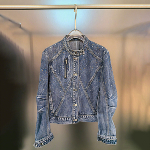【现货】2025秋季新款立领重工烫钻机车感牛仔外套短款修身夹克女