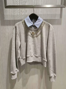2026早春新款小众灰色钉珠装饰假两件卫衣宽松显瘦长袖上衣女