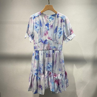 小众2025春夏新款 5361 款 V领拉链性感褶皱收腰印花连衣裙 特价