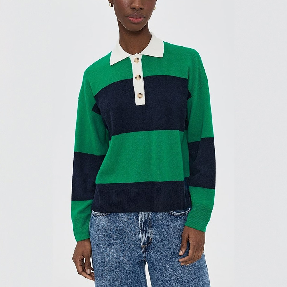 绿黑条纹polo领短袖针织衫