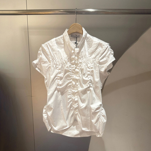 复古风白色泡泡袖衬衫女短袖修身系带褶皱上衣显瘦百搭