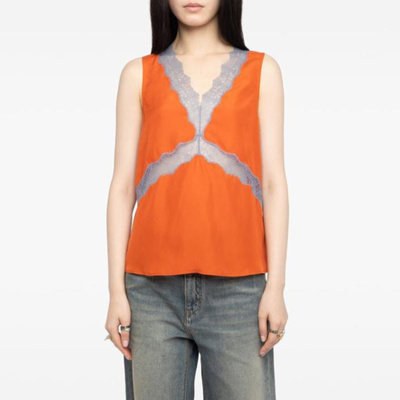 橙色蕾丝拼接V领无袖背心女