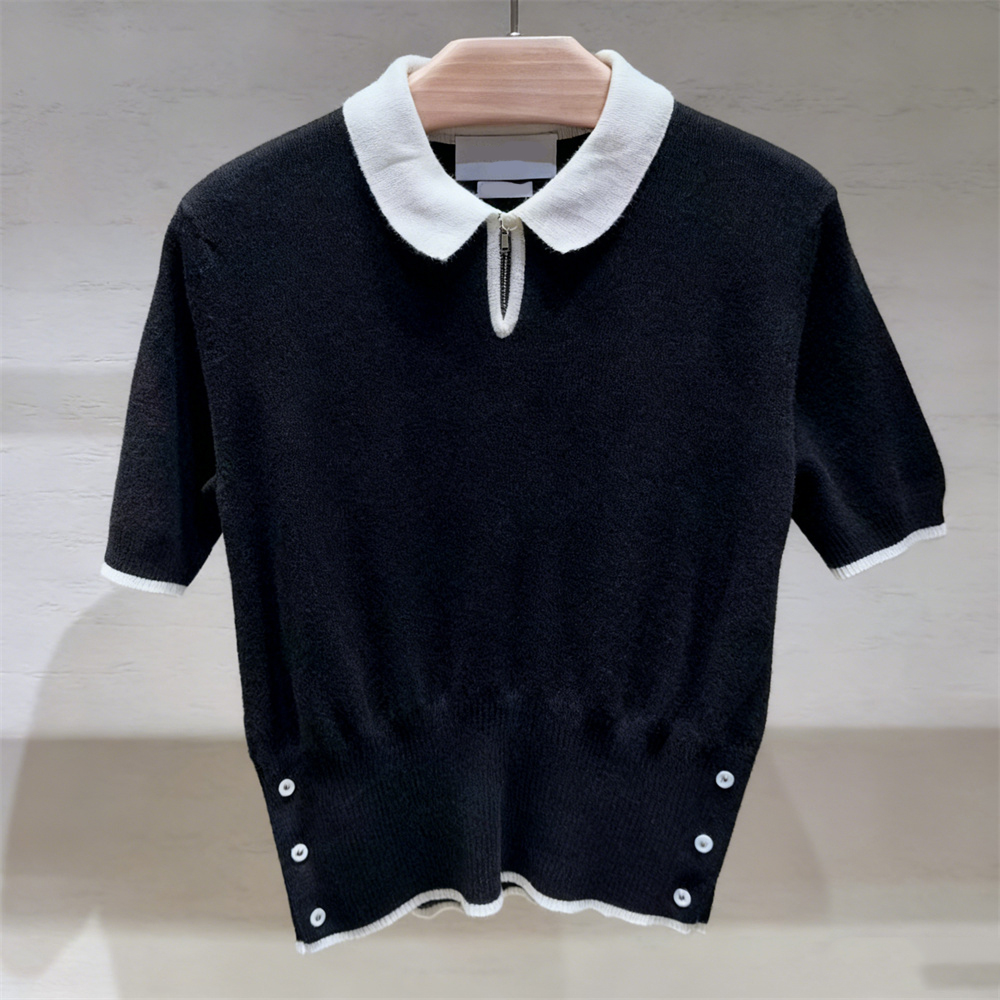 撞色边拉链翻领短袖针织衫